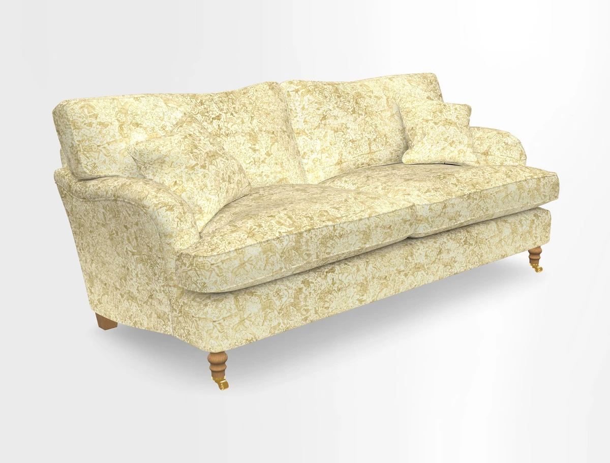 Alwinton 3 seater sofa in Ettas Stripe Moss with bolster cushion in Almost Plain Velvet Harvest