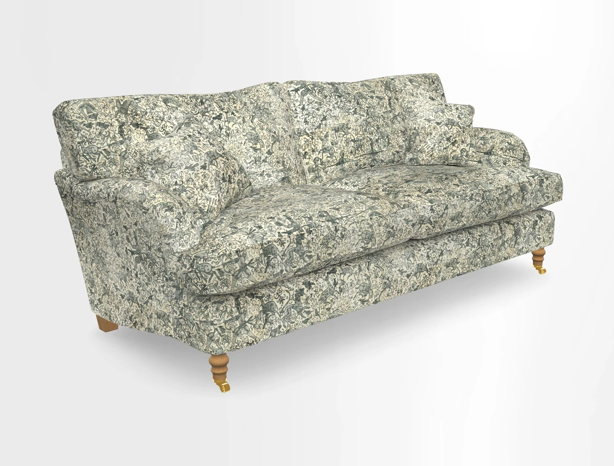 Alwinton 3 seater sofa in Ettas Stripe Moss with bolster cushion in Almost Plain Velvet Harvest