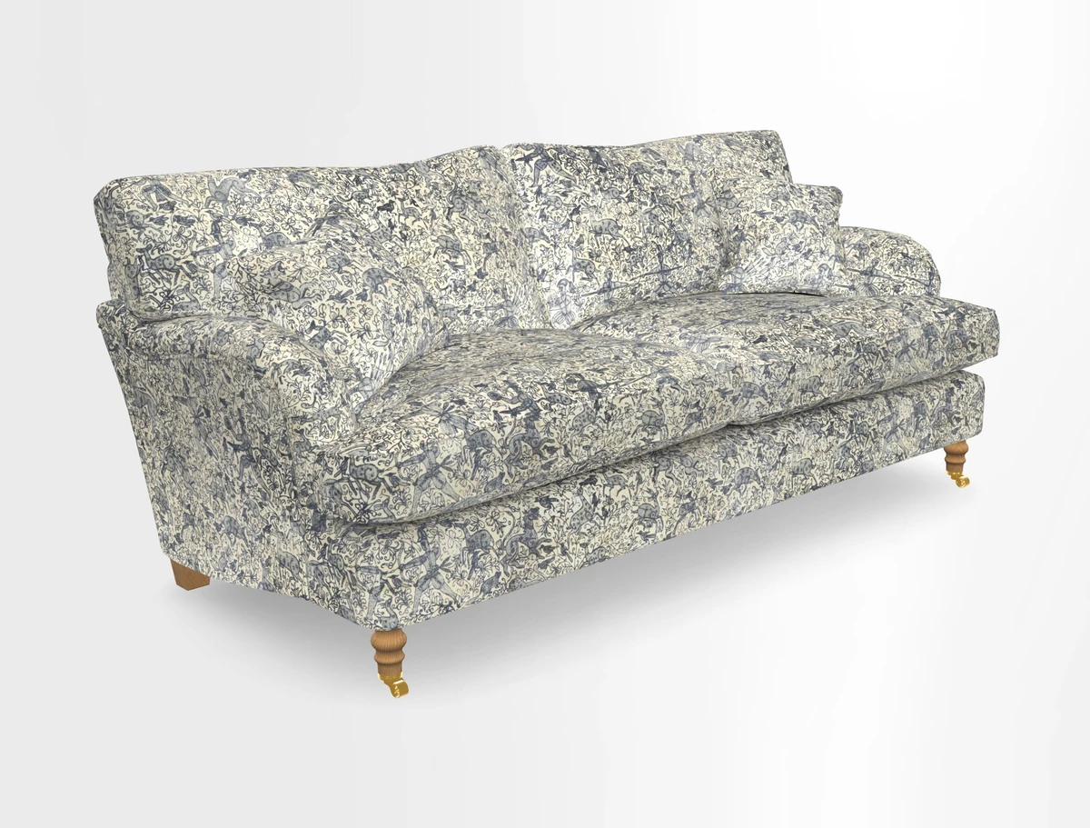 Alwinton 3 seater sofa in Ettas Stripe Moss with bolster cushion in Almost Plain Velvet Harvest