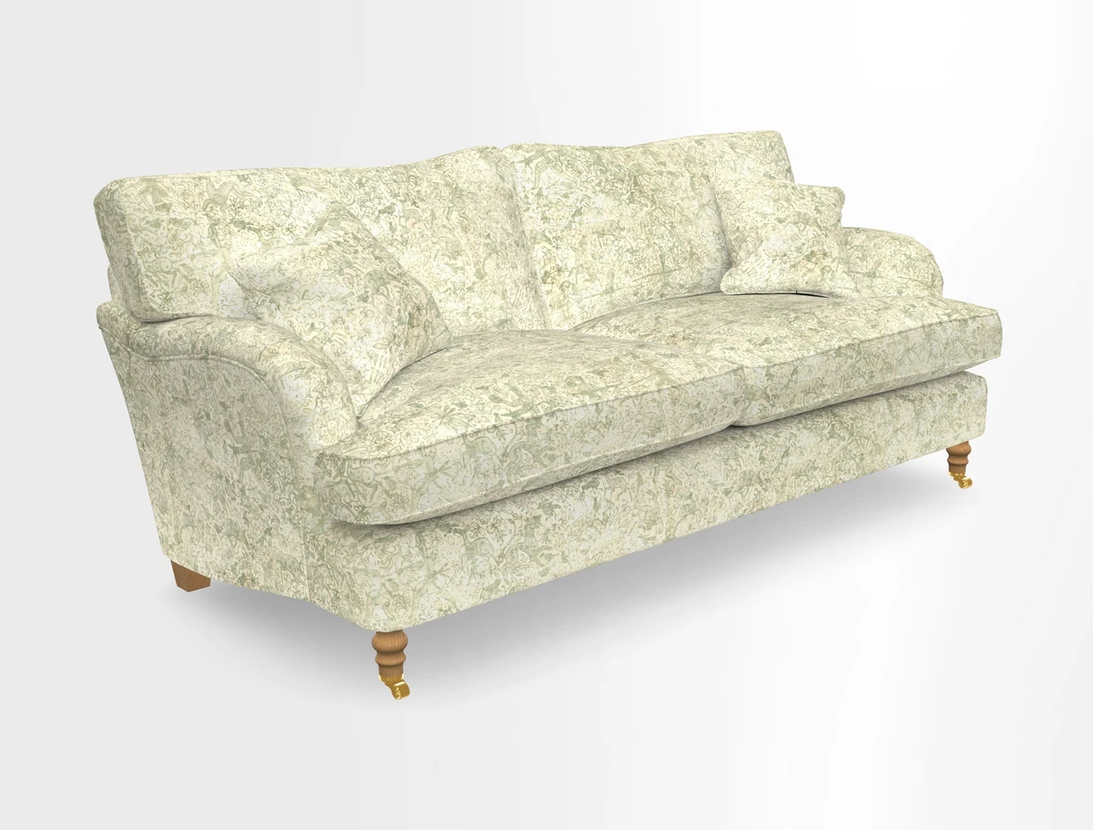 Alwinton 3 seater sofa in Ettas Stripe Moss with bolster cushion in Almost Plain Velvet Harvest