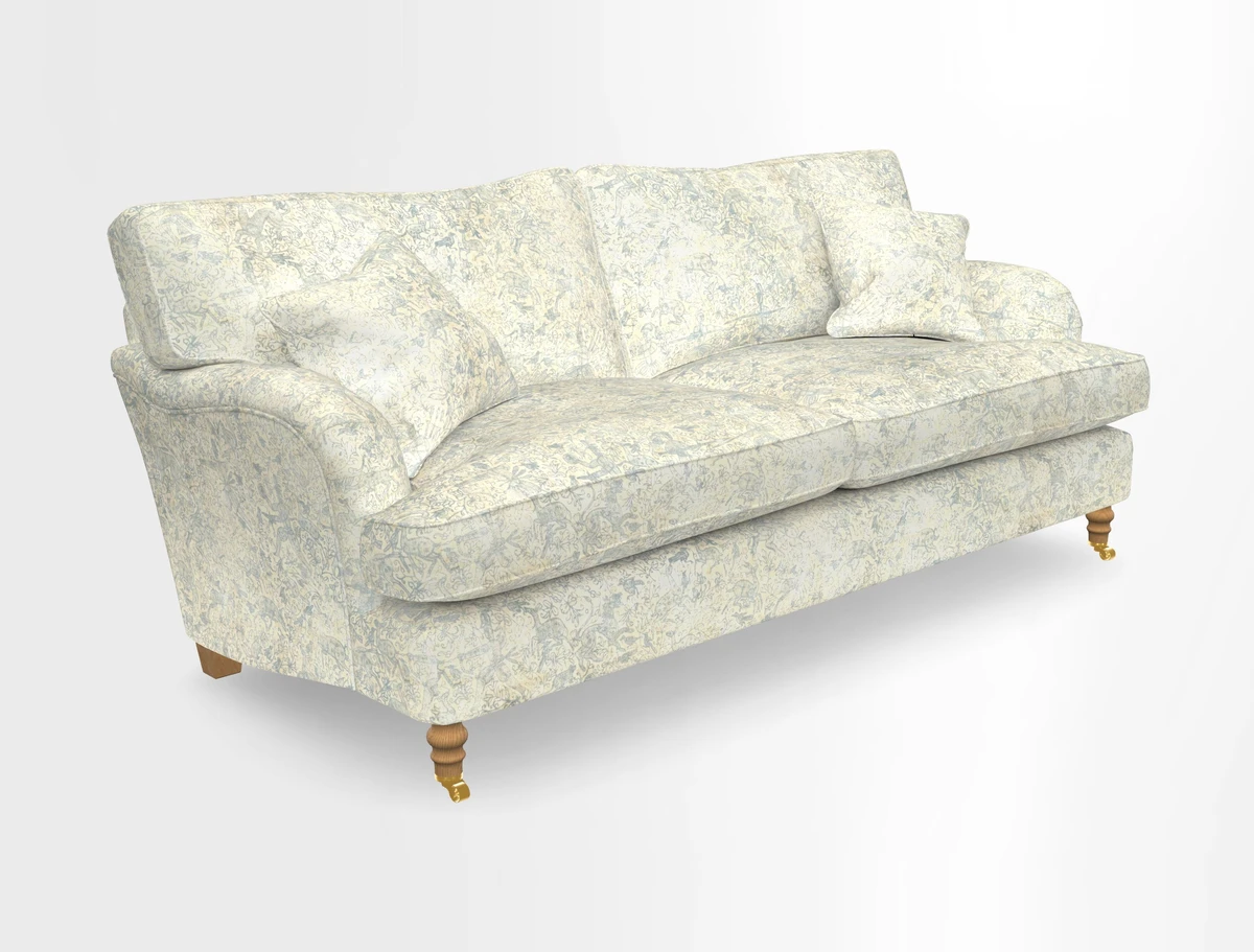 Alwinton 3 seater sofa in Ettas Stripe Moss with bolster cushion in Almost Plain Velvet Harvest