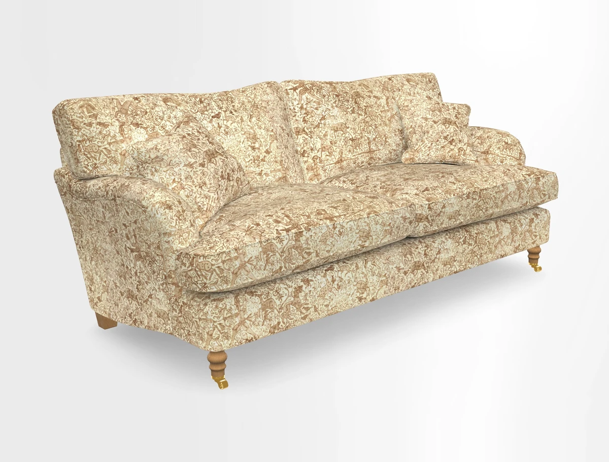 Alwinton 3 seater sofa in Ettas Stripe Moss with bolster cushion in Almost Plain Velvet Harvest
