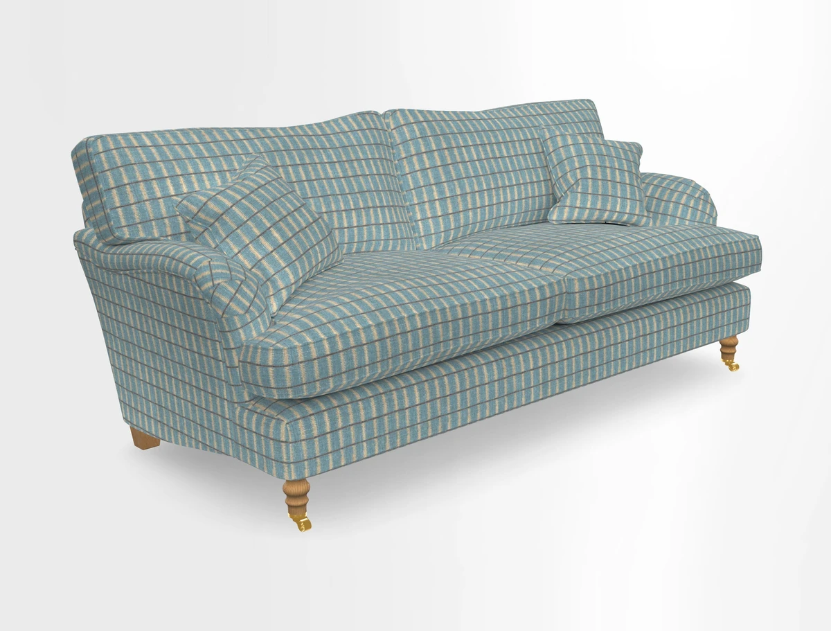Alwinton 3 seater sofa in Ettas Stripe Moss with bolster cushion in Almost Plain Velvet Harvest