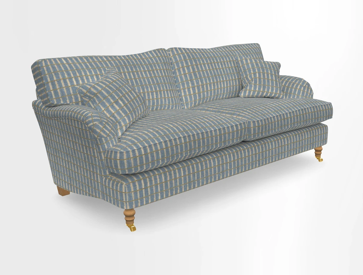 Alwinton 3 seater sofa in Ettas Stripe Moss with bolster cushion in Almost Plain Velvet Harvest