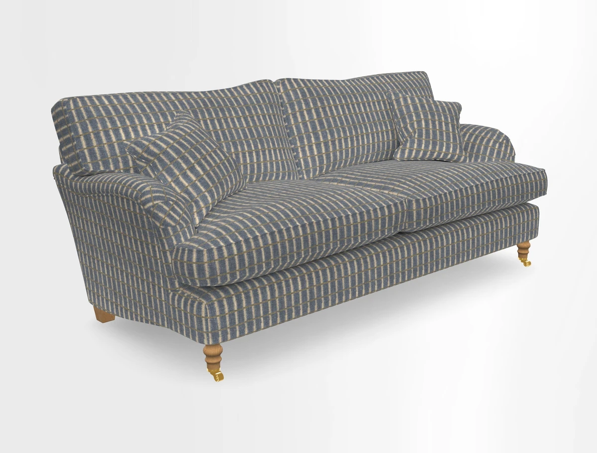 Alwinton 3 seater sofa in Ettas Stripe Moss with bolster cushion in Almost Plain Velvet Harvest