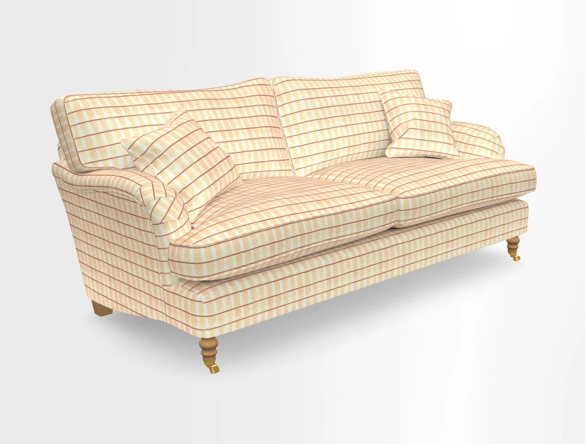 Alwinton 3 seater sofa in Ettas Stripe Moss with bolster cushion in Almost Plain Velvet Harvest