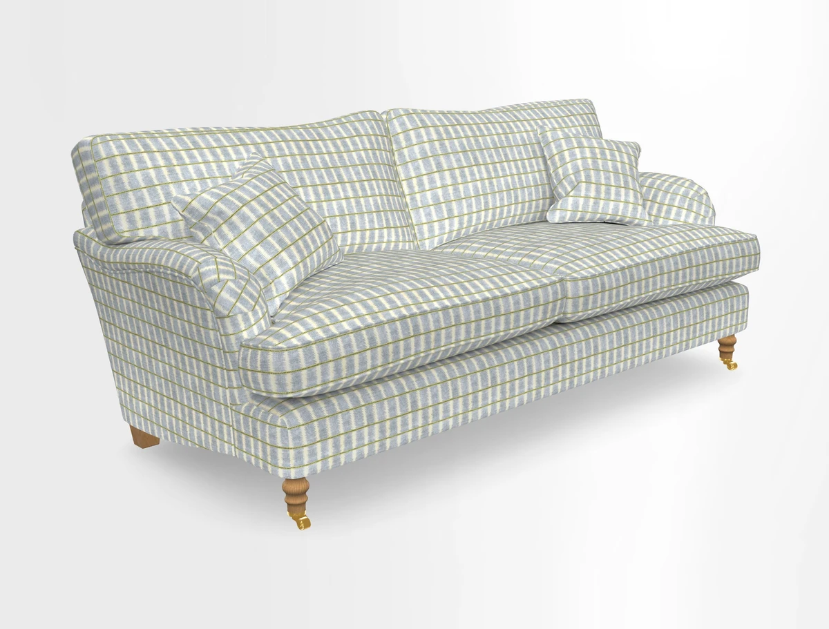 Alwinton 3 seater sofa in Ettas Stripe Moss with bolster cushion in Almost Plain Velvet Harvest