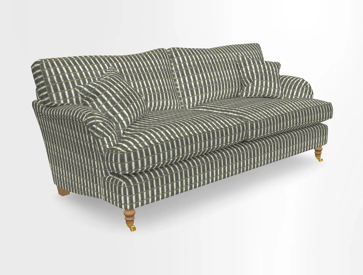 Alwinton 3 seater sofa in Ettas Stripe Moss with bolster cushion in Almost Plain Velvet Harvest