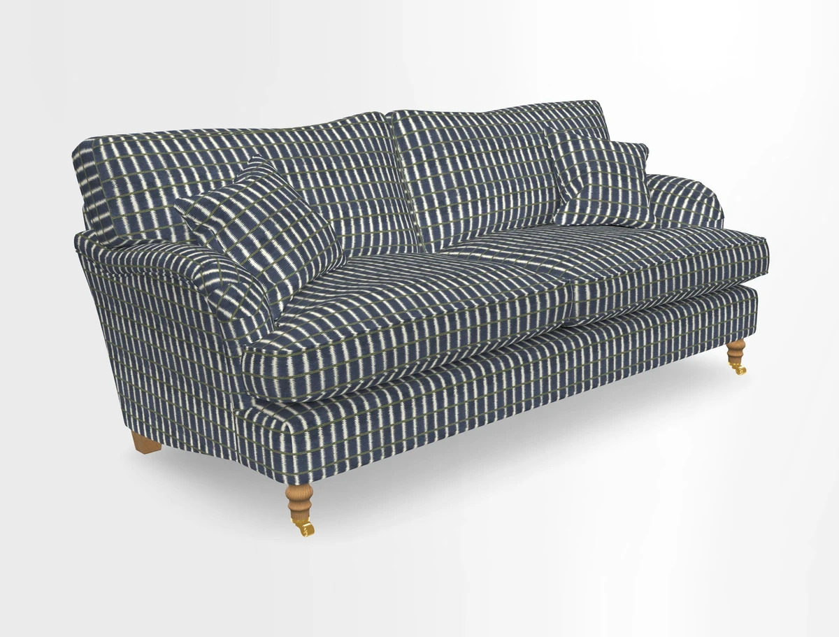 Alwinton 3 seater sofa in Ettas Stripe Moss with bolster cushion in Almost Plain Velvet Harvest