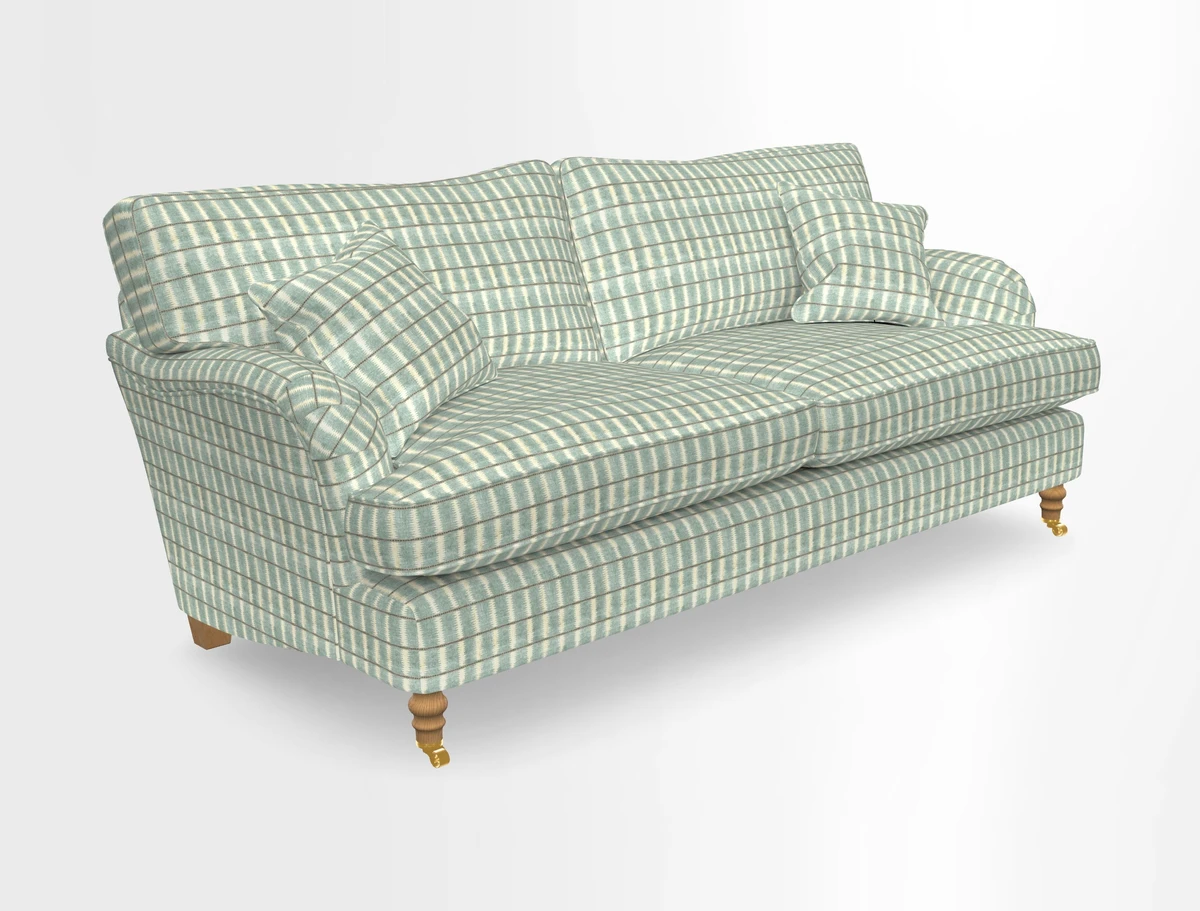 Alwinton 3 seater sofa in Ettas Stripe Moss with bolster cushion in Almost Plain Velvet Harvest