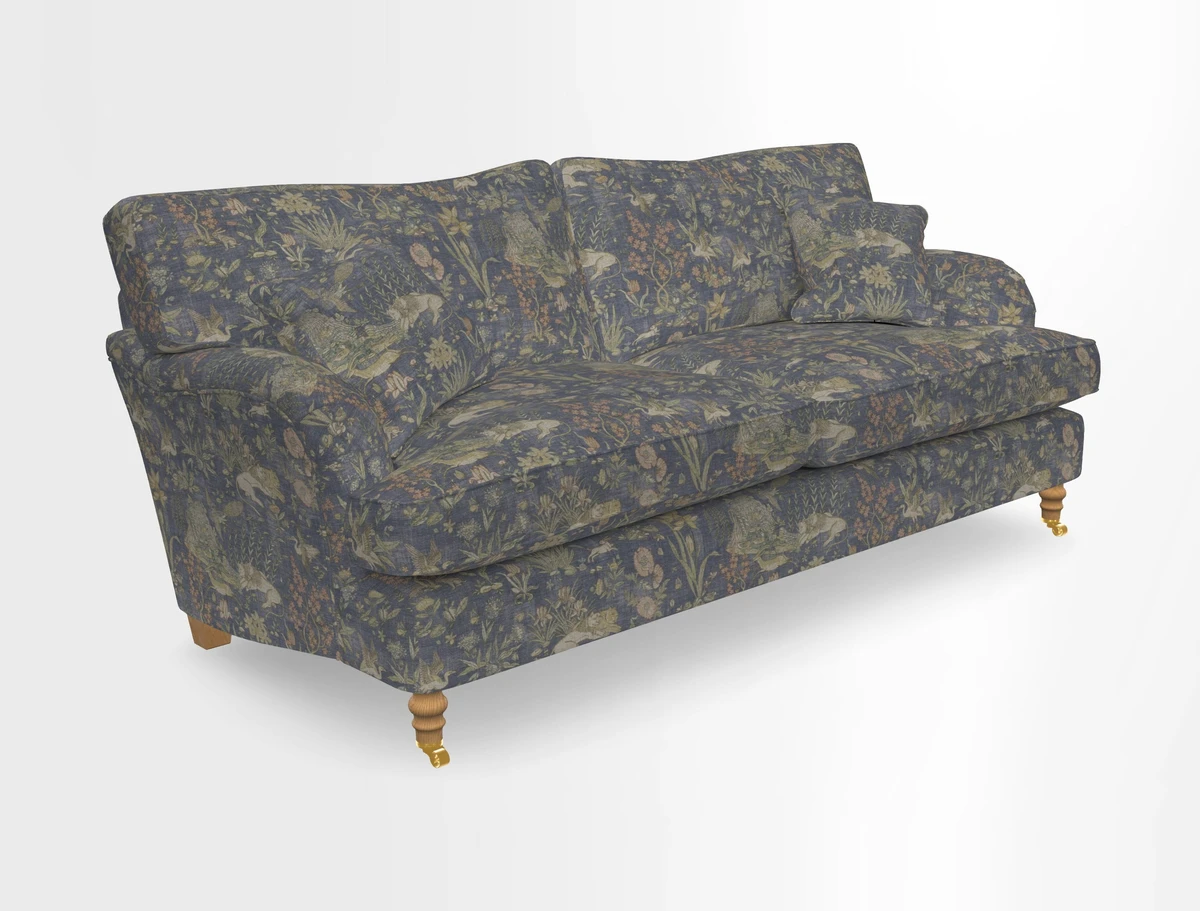 Alwinton 3 seater sofa in Ettas Stripe Moss with bolster cushion in Almost Plain Velvet Harvest