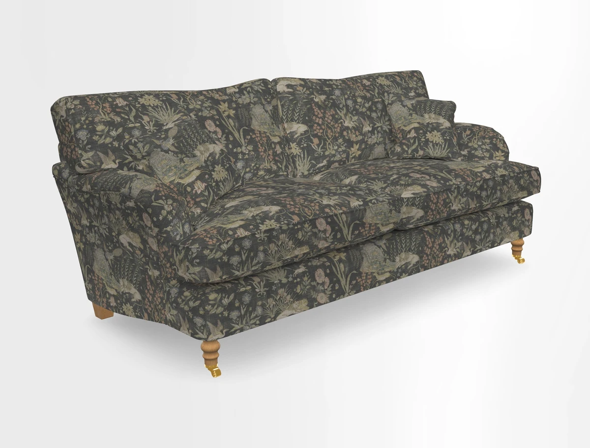 Alwinton 3 seater sofa in Ettas Stripe Moss with bolster cushion in Almost Plain Velvet Harvest