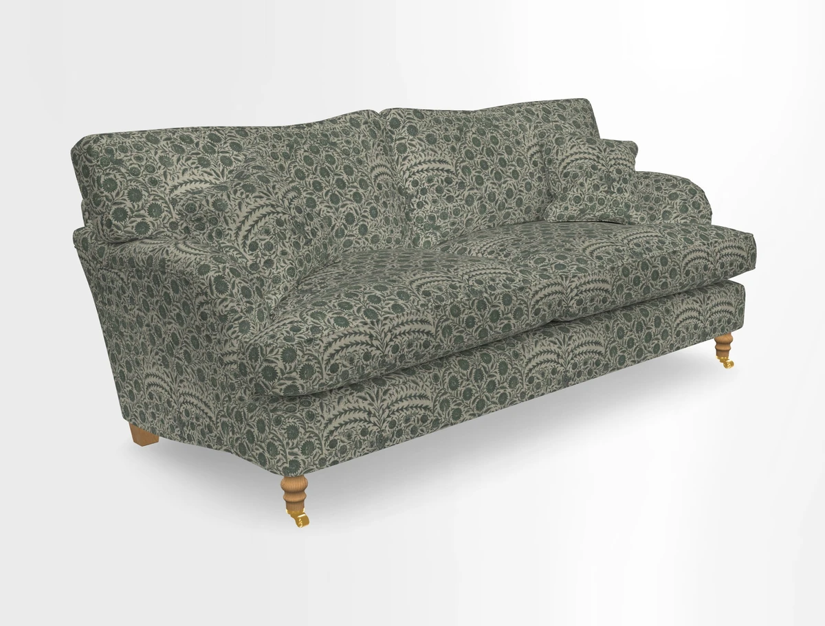 Alwinton 3 seater sofa in Ettas Stripe Moss with bolster cushion in Almost Plain Velvet Harvest