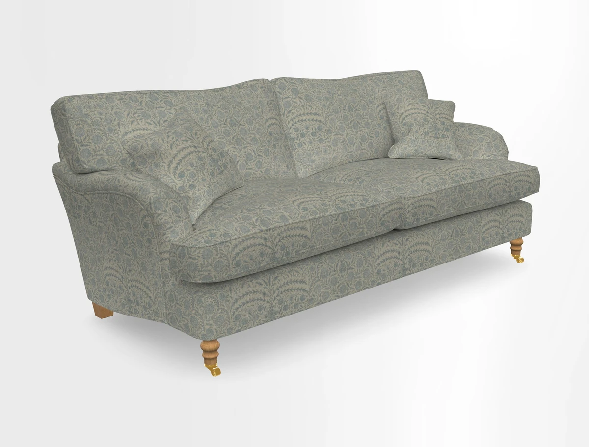 Alwinton 3 seater sofa in Ettas Stripe Moss with bolster cushion in Almost Plain Velvet Harvest