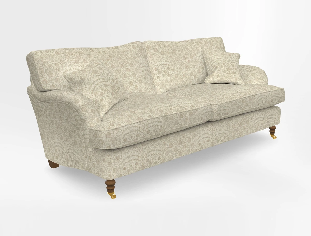 Alwinton 3 seater sofa in Ettas Stripe Moss with bolster cushion in Almost Plain Velvet Harvest