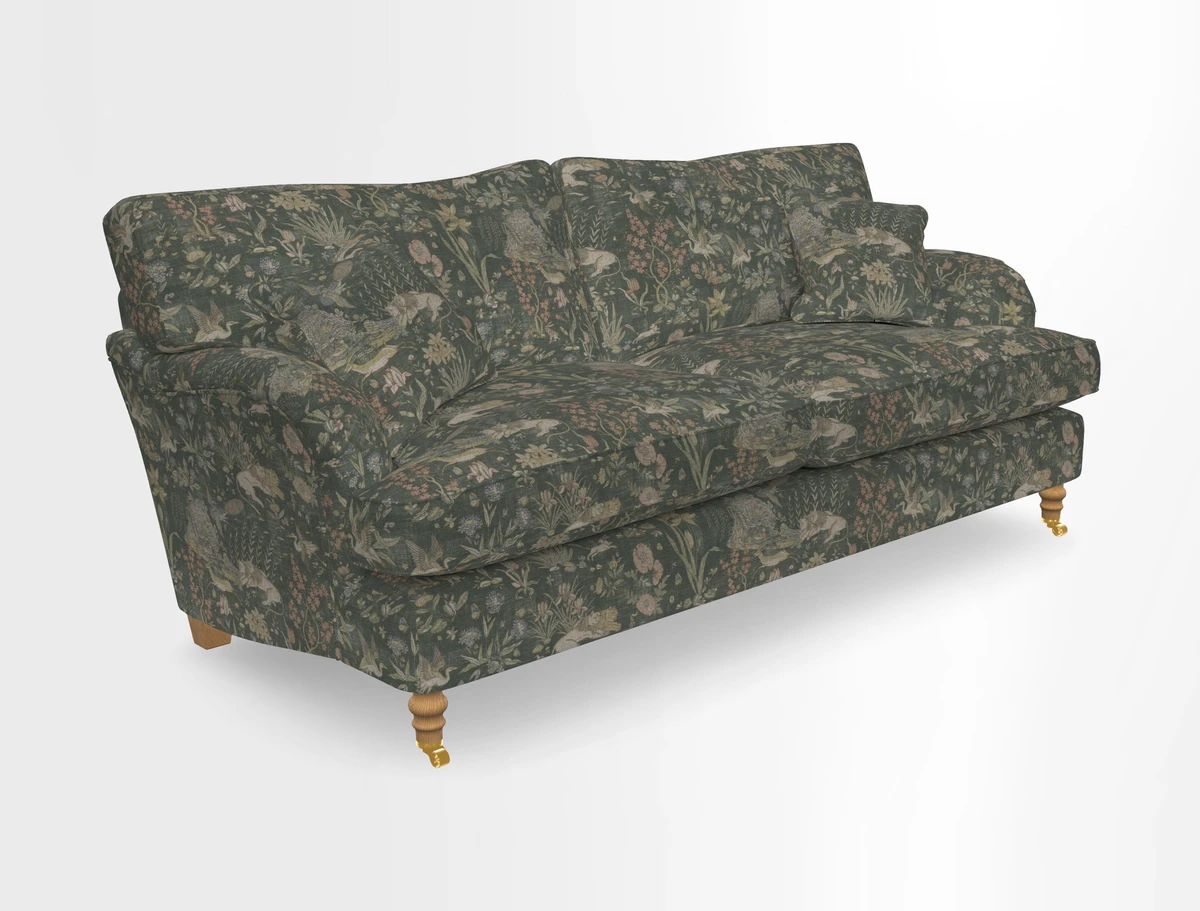 Alwinton 3 seater sofa in Ettas Stripe Moss with bolster cushion in Almost Plain Velvet Harvest