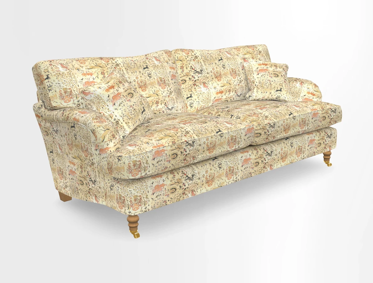 Alwinton 3 seater sofa in Ettas Stripe Moss with bolster cushion in Almost Plain Velvet Harvest