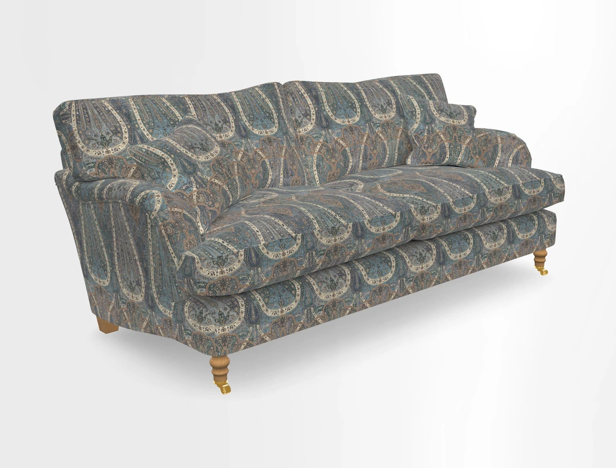 Alwinton 3 seater sofa in Ettas Stripe Moss with bolster cushion in Almost Plain Velvet Harvest