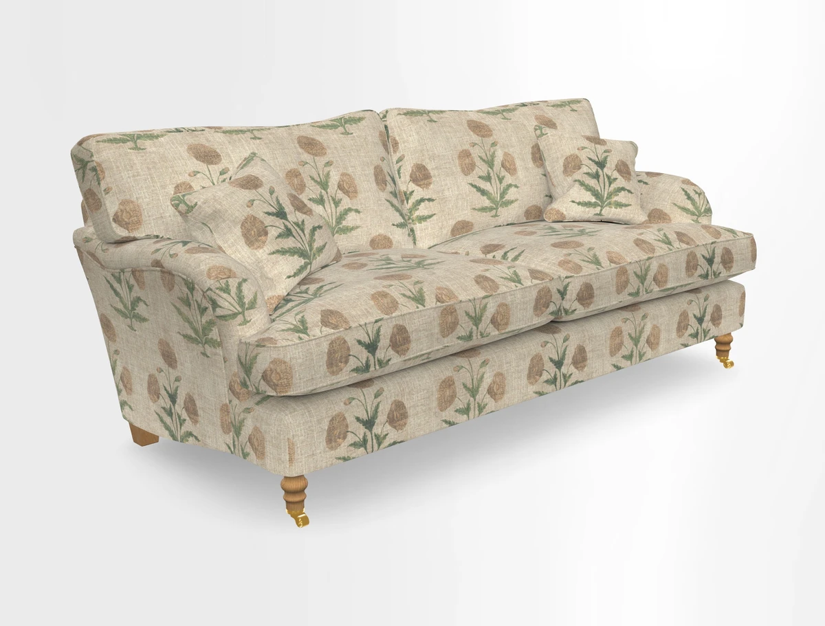 Alwinton 3 seater sofa in Ettas Stripe Moss with bolster cushion in Almost Plain Velvet Harvest
