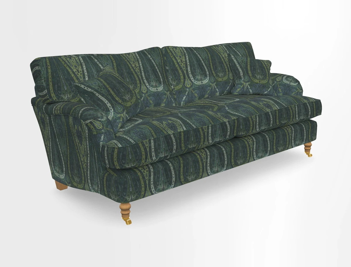 Alwinton 3 seater sofa in Ettas Stripe Moss with bolster cushion in Almost Plain Velvet Harvest
