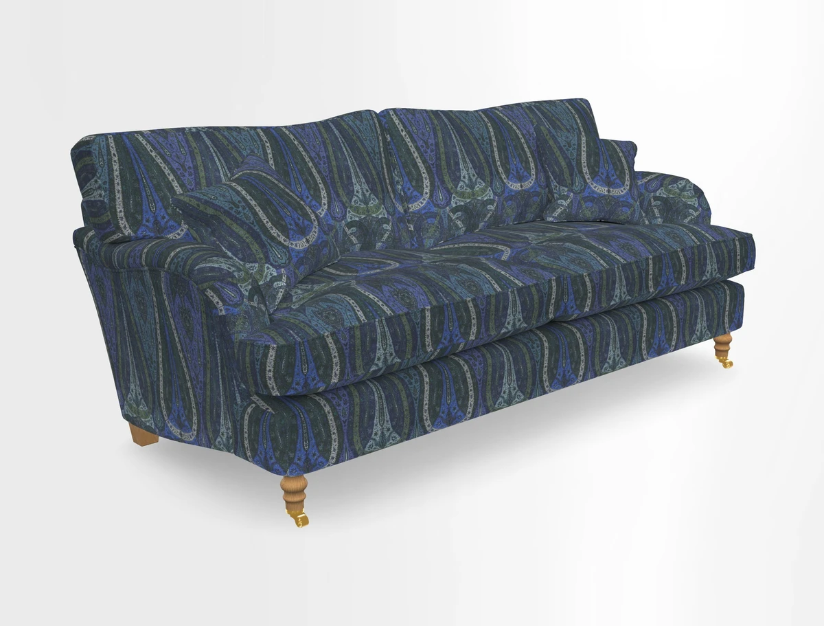 Alwinton 3 seater sofa in Ettas Stripe Moss with bolster cushion in Almost Plain Velvet Harvest