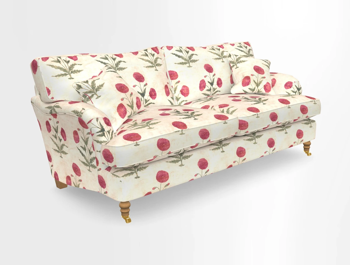 Alwinton 3 seater sofa in Ettas Stripe Moss with bolster cushion in Almost Plain Velvet Harvest