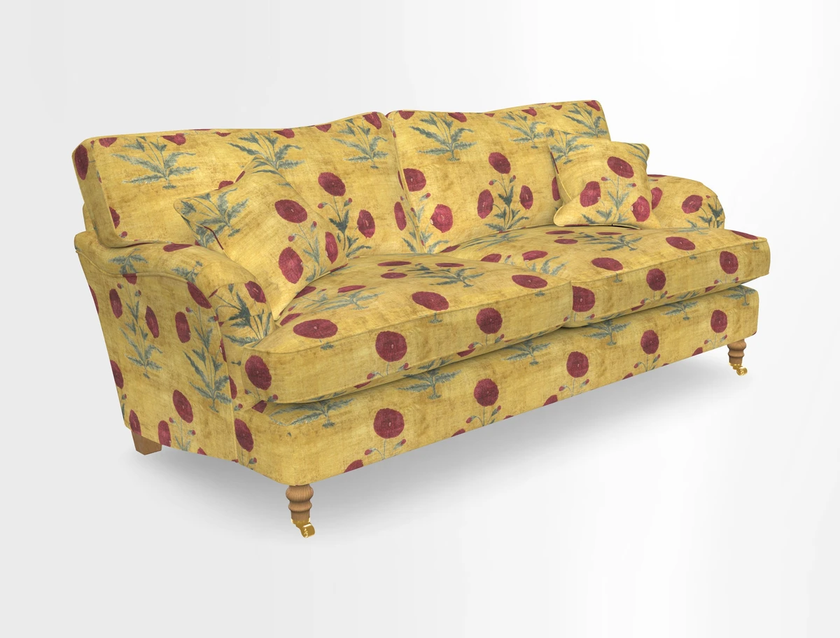 Alwinton 3 seater sofa in Ettas Stripe Moss with bolster cushion in Almost Plain Velvet Harvest