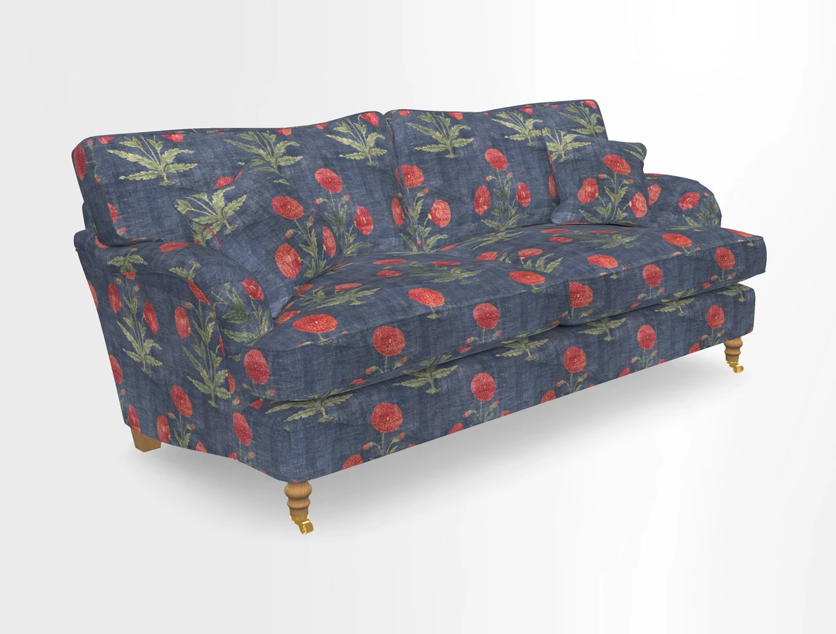 Alwinton 3 seater sofa in Ettas Stripe Moss with bolster cushion in Almost Plain Velvet Harvest