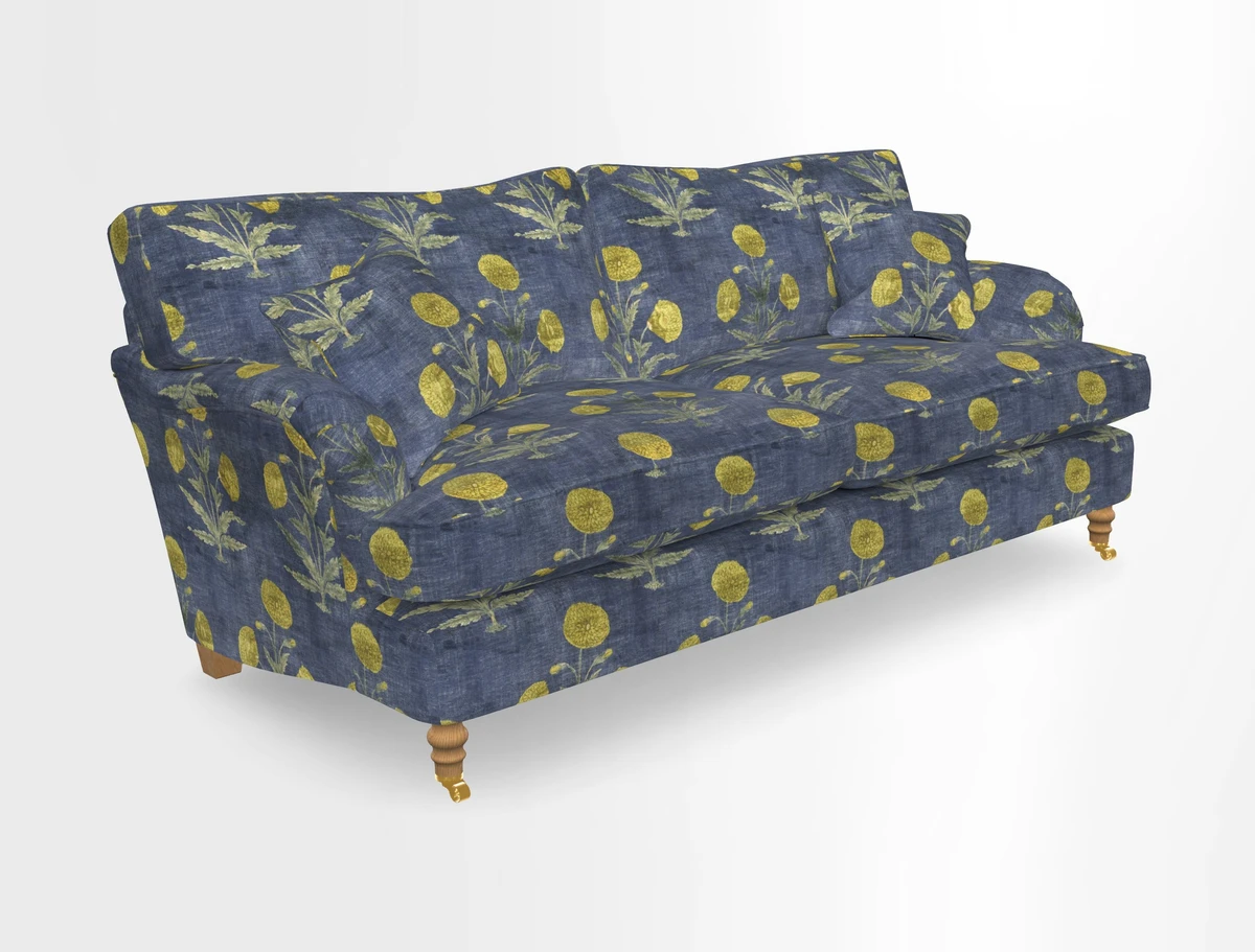 Alwinton 3 seater sofa in Ettas Stripe Moss with bolster cushion in Almost Plain Velvet Harvest