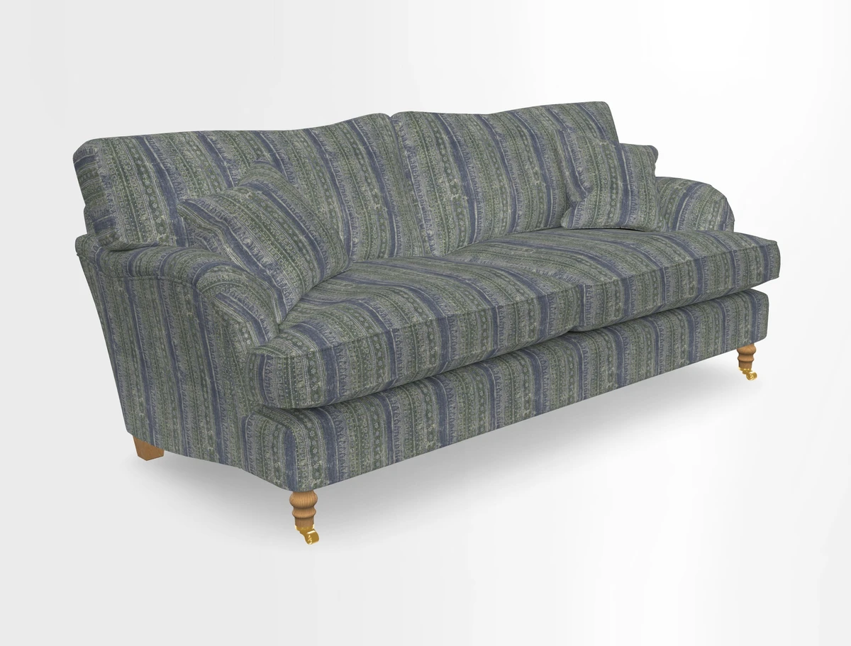 Alwinton 3 seater sofa in Ettas Stripe Moss with bolster cushion in Almost Plain Velvet Harvest