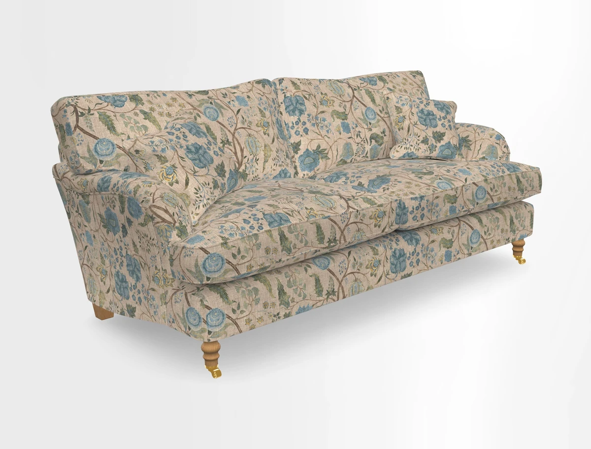 Alwinton 3 seater sofa in Ettas Stripe Moss with bolster cushion in Almost Plain Velvet Harvest