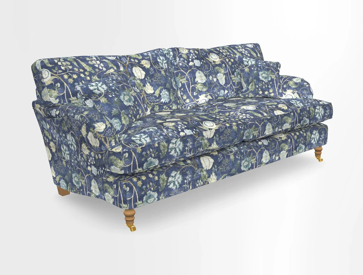 Alwinton 3 seater sofa in Ettas Stripe Moss with bolster cushion in Almost Plain Velvet Harvest