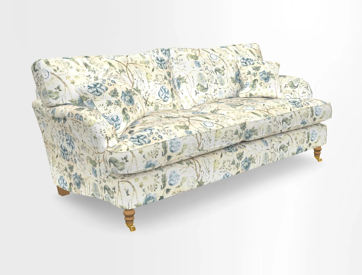 Alwinton 3 seater sofa in Ettas Stripe Moss with bolster cushion in Almost Plain Velvet Harvest