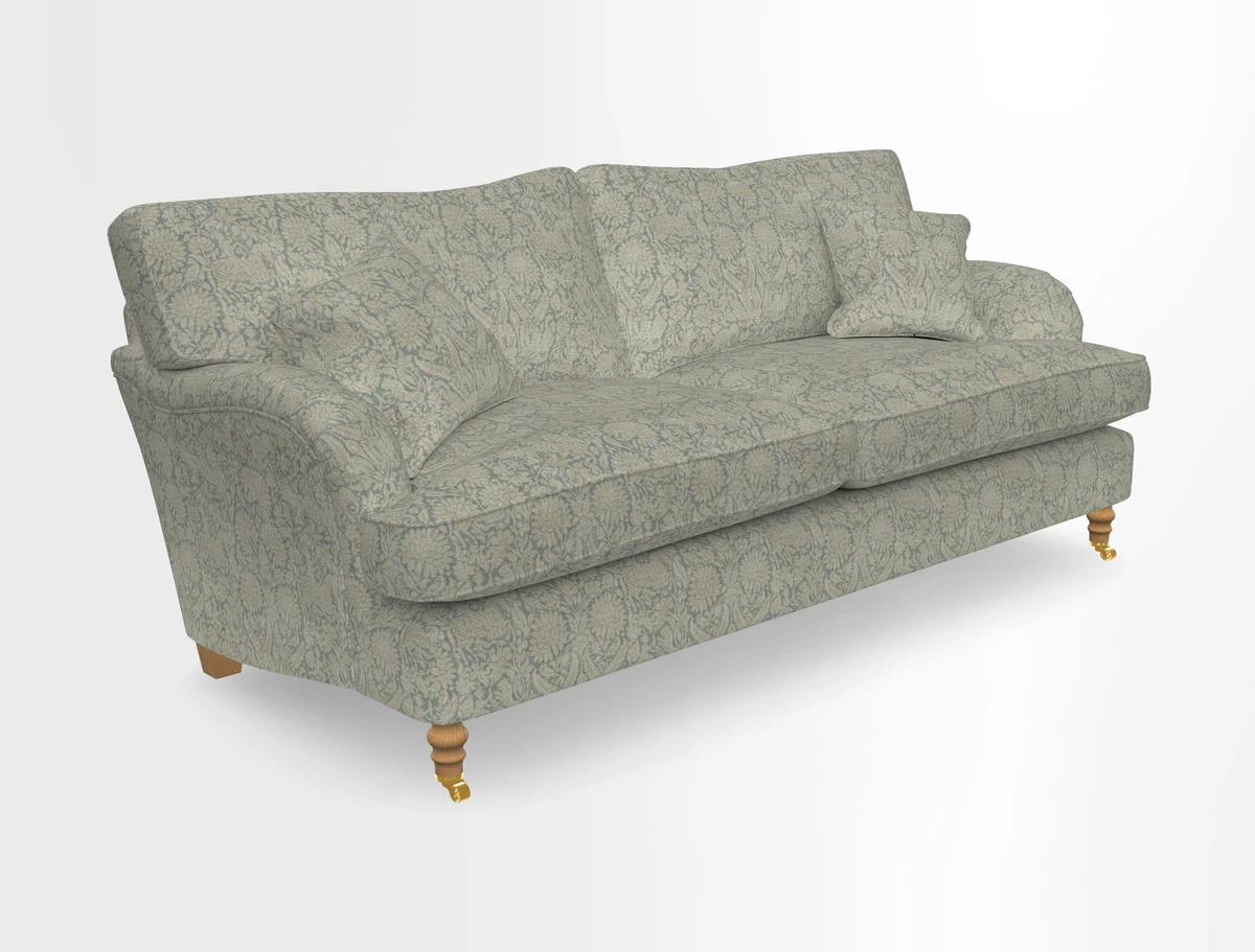 Alwinton 3 seater sofa in Ettas Stripe Moss with bolster cushion in Almost Plain Velvet Harvest