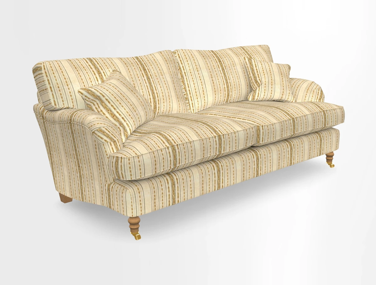 Alwinton 3 seater sofa in Ettas Stripe Moss with bolster cushion in Almost Plain Velvet Harvest