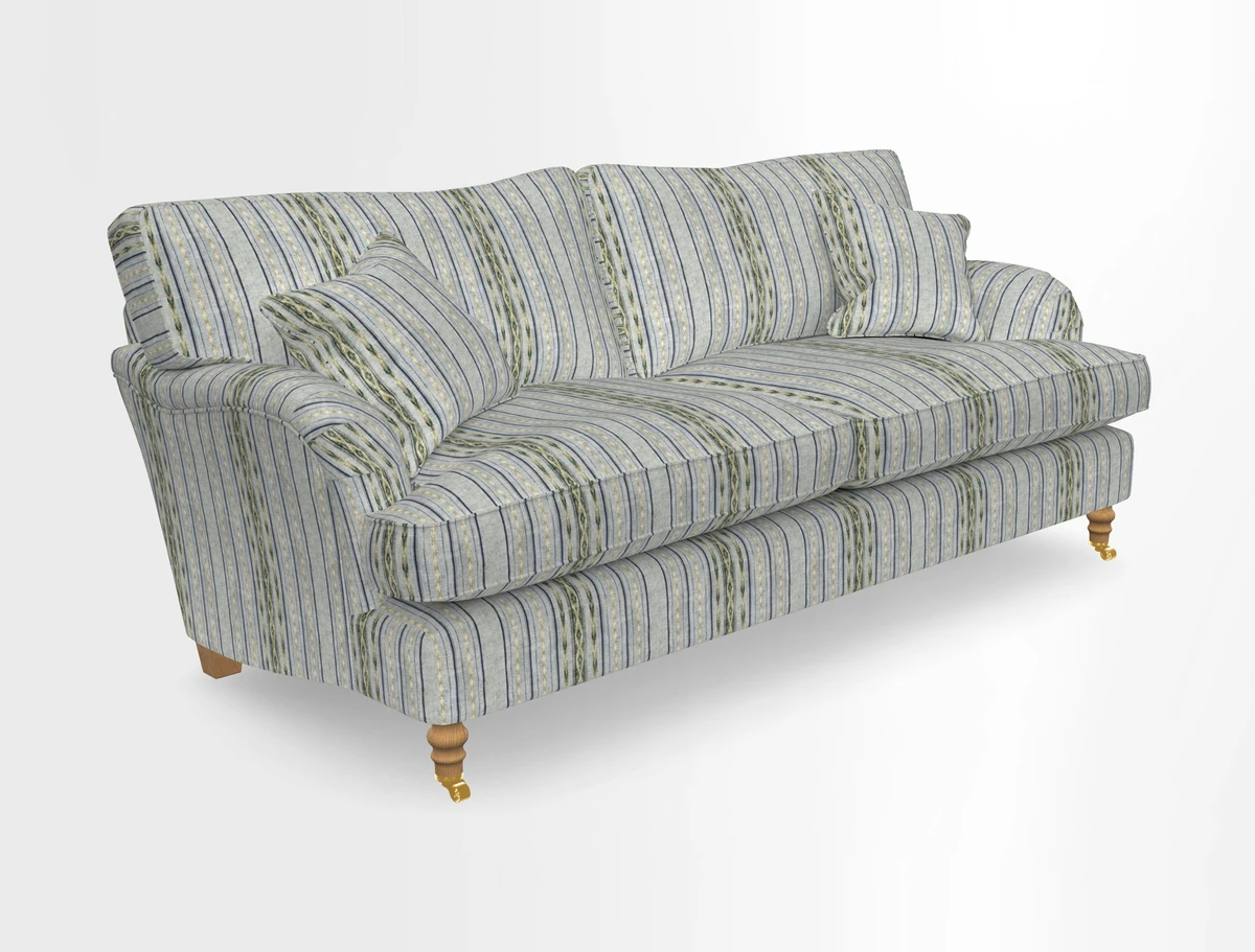 Alwinton 3 seater sofa in Ettas Stripe Moss with bolster cushion in Almost Plain Velvet Harvest