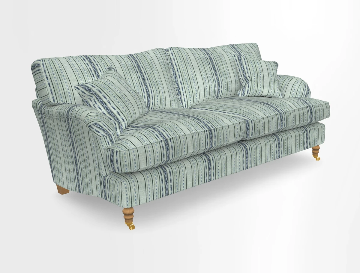 Alwinton 3 seater sofa in Ettas Stripe Moss with bolster cushion in Almost Plain Velvet Harvest