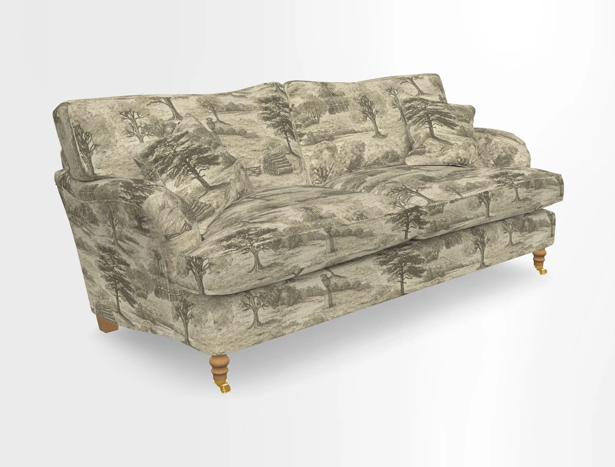 Alwinton 3 seater sofa in Ettas Stripe Moss with bolster cushion in Almost Plain Velvet Harvest