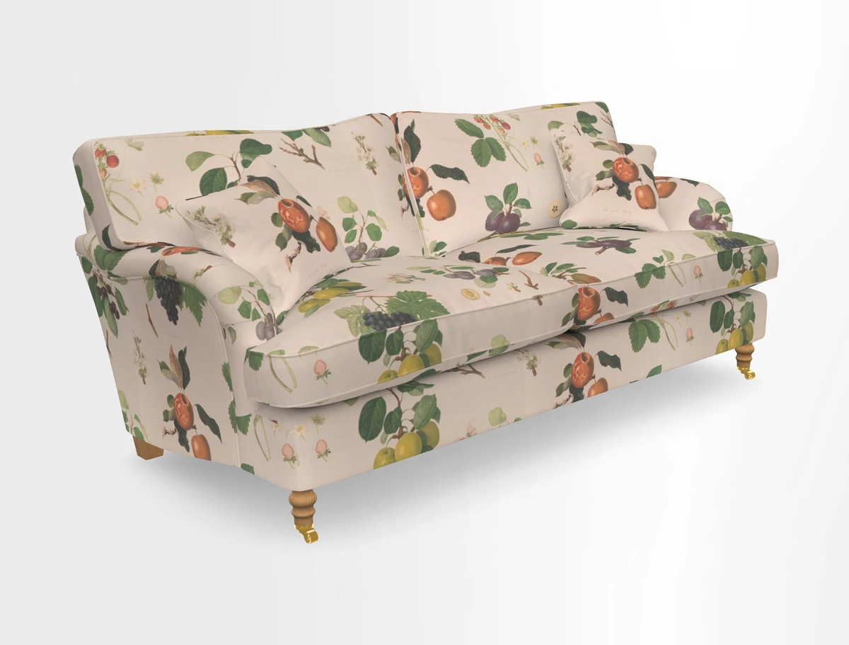 Alwinton 3 seater sofa in Ettas Stripe Moss with bolster cushion in Almost Plain Velvet Harvest