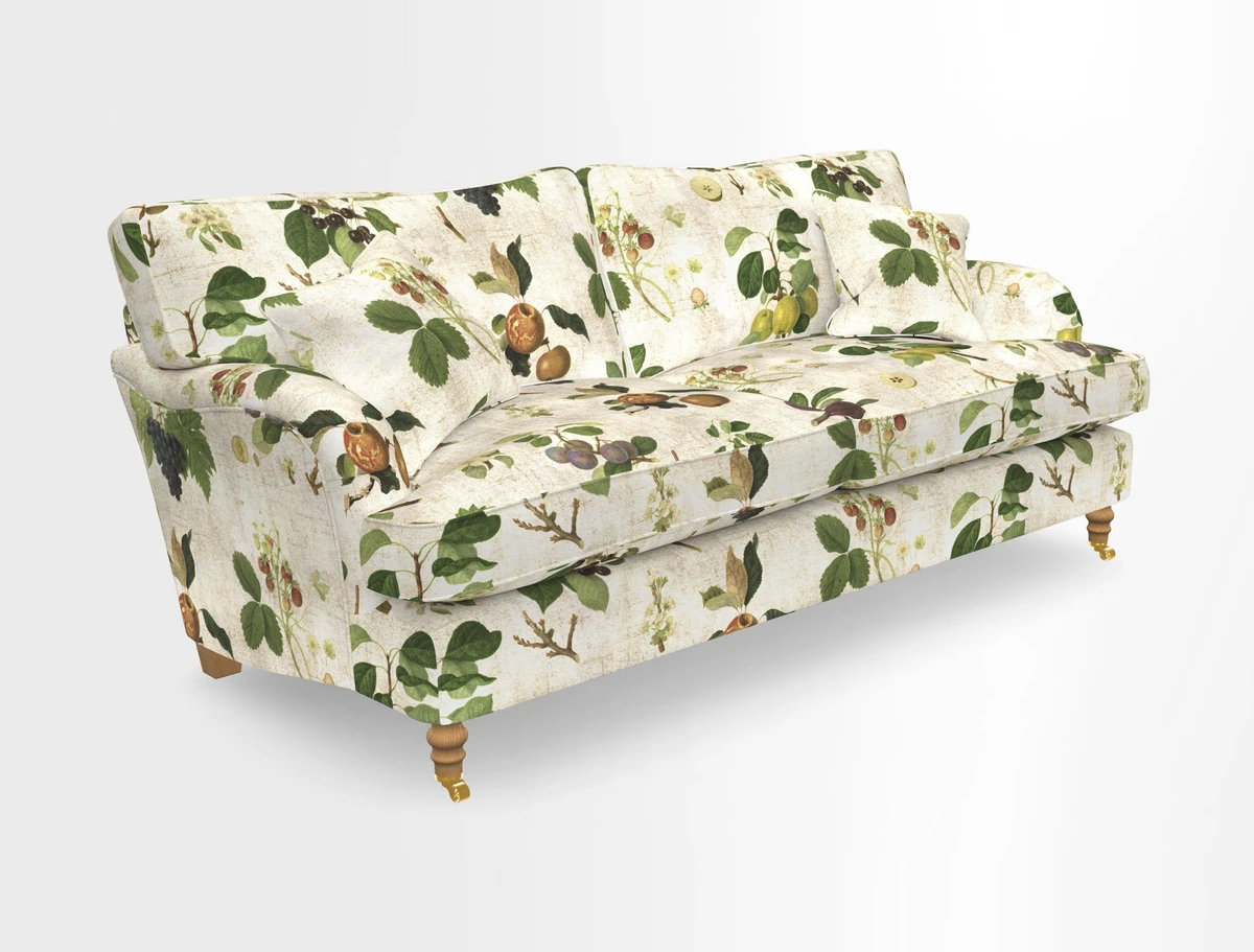 Alwinton 3 seater sofa in Ettas Stripe Moss with bolster cushion in Almost Plain Velvet Harvest