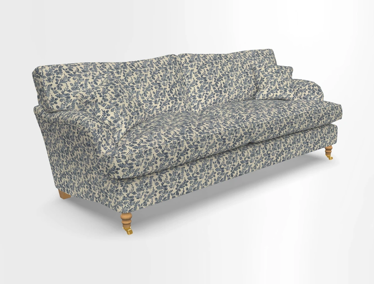 Alwinton 3 seater sofa in Ettas Stripe Moss with bolster cushion in Almost Plain Velvet Harvest