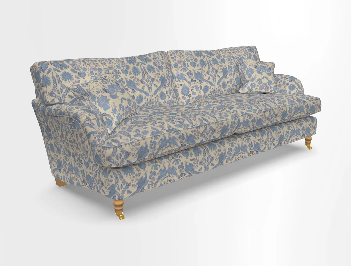 Alwinton 3 seater sofa in Ettas Stripe Moss with bolster cushion in Almost Plain Velvet Harvest