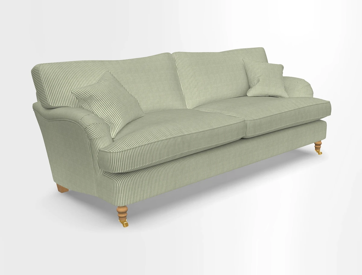 Alwinton 3 seater sofa in Ettas Stripe Moss with bolster cushion in Almost Plain Velvet Harvest