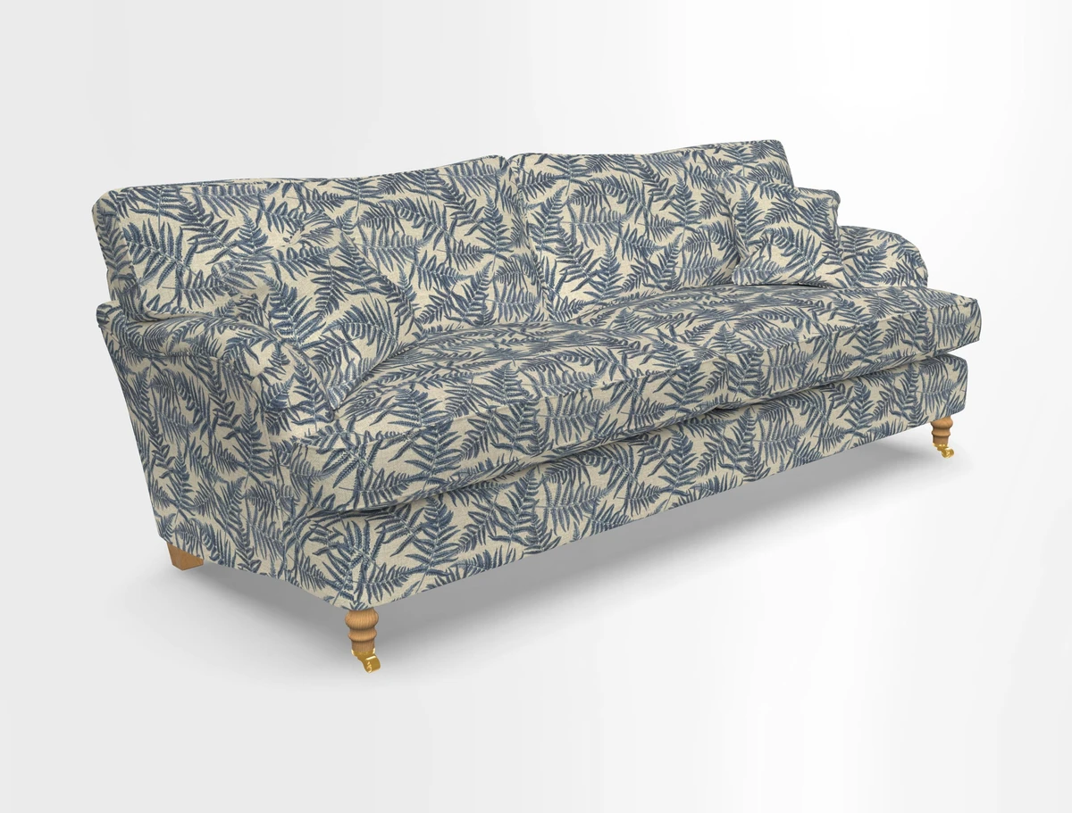 Alwinton 3 seater sofa in Ettas Stripe Moss with bolster cushion in Almost Plain Velvet Harvest