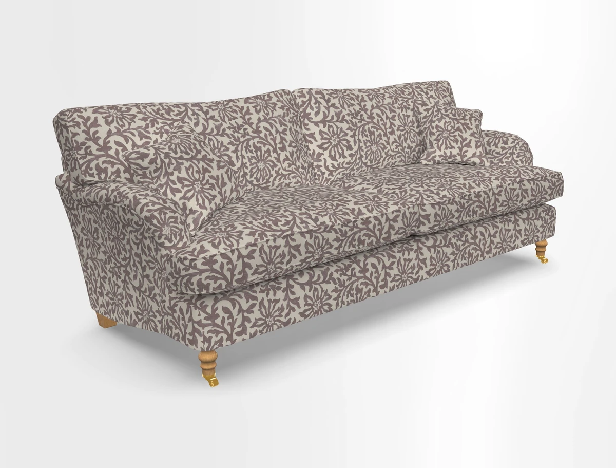 Alwinton 3 seater sofa in Ettas Stripe Moss with bolster cushion in Almost Plain Velvet Harvest
