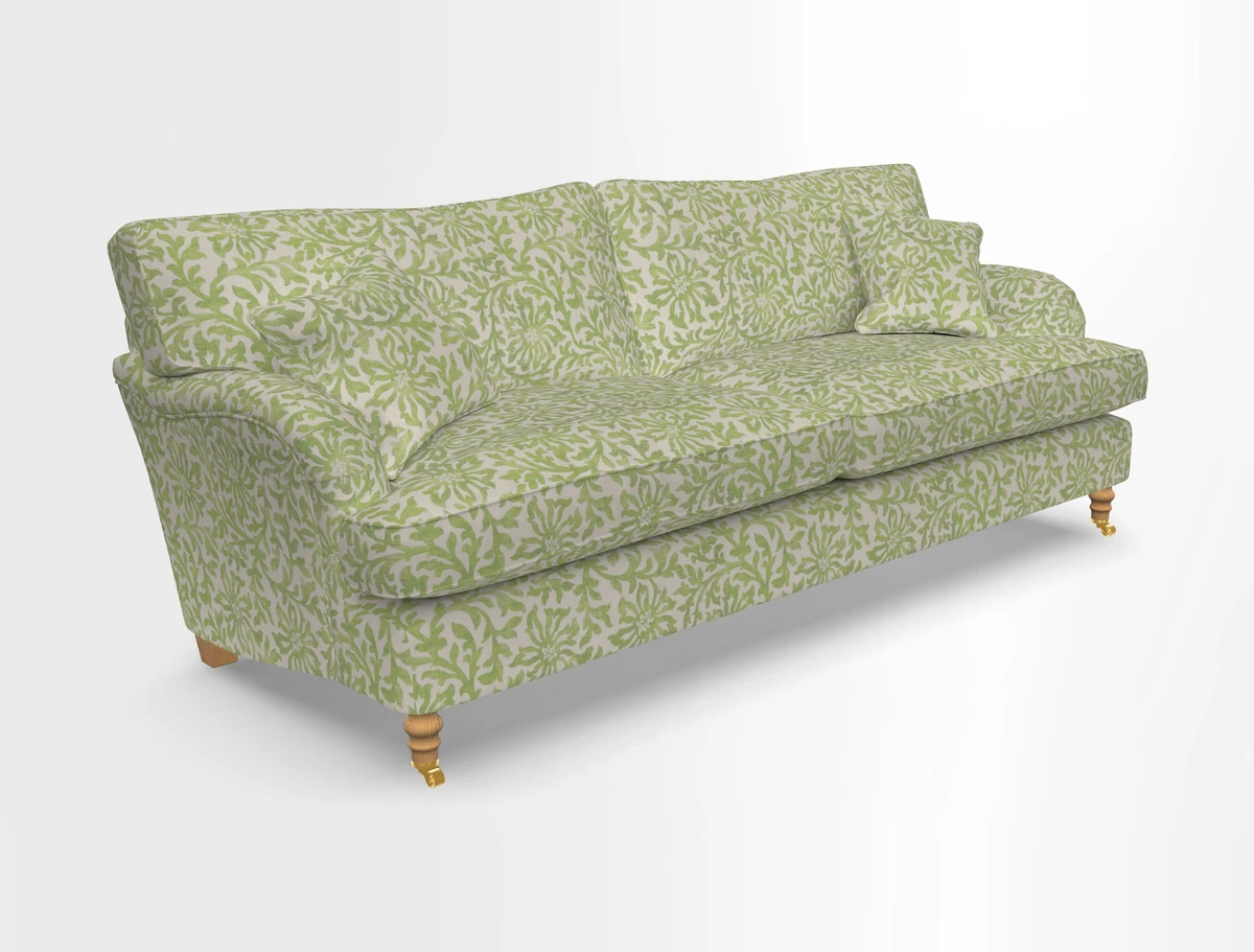 Alwinton 3 seater sofa in Ettas Stripe Moss with bolster cushion in Almost Plain Velvet Harvest