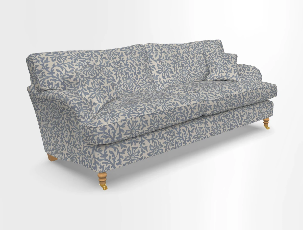 Alwinton 3 seater sofa in Ettas Stripe Moss with bolster cushion in Almost Plain Velvet Harvest