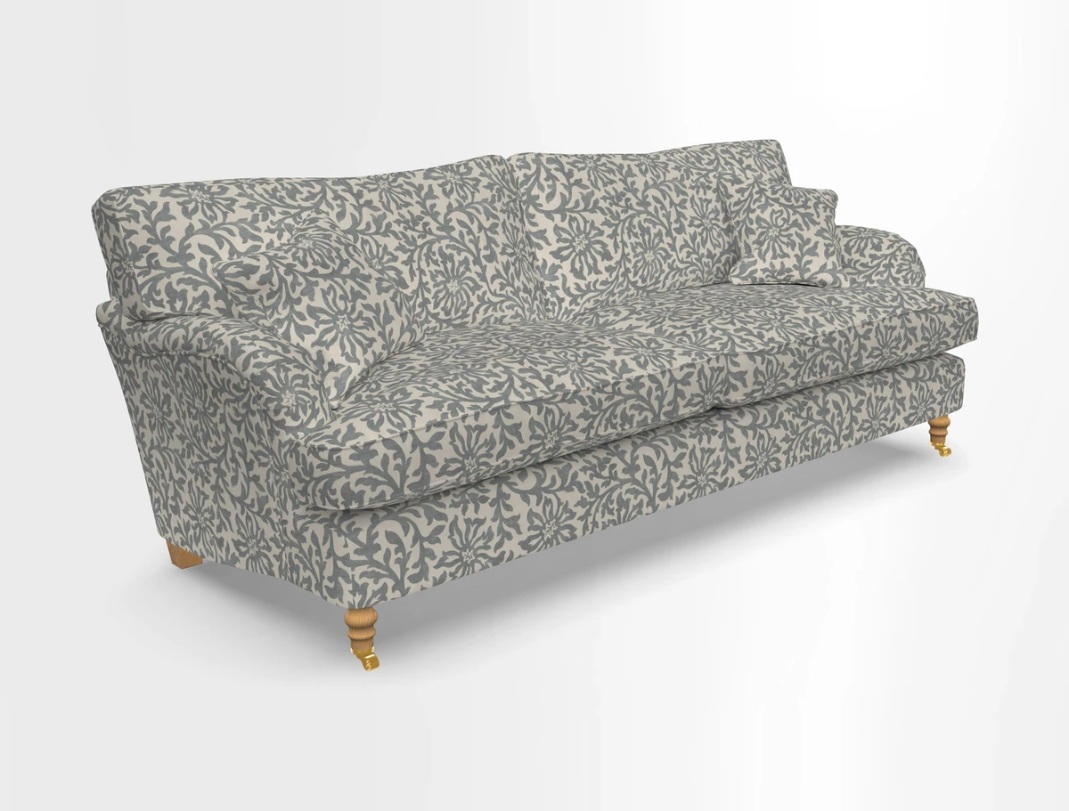 Alwinton 3 seater sofa in Ettas Stripe Moss with bolster cushion in Almost Plain Velvet Harvest