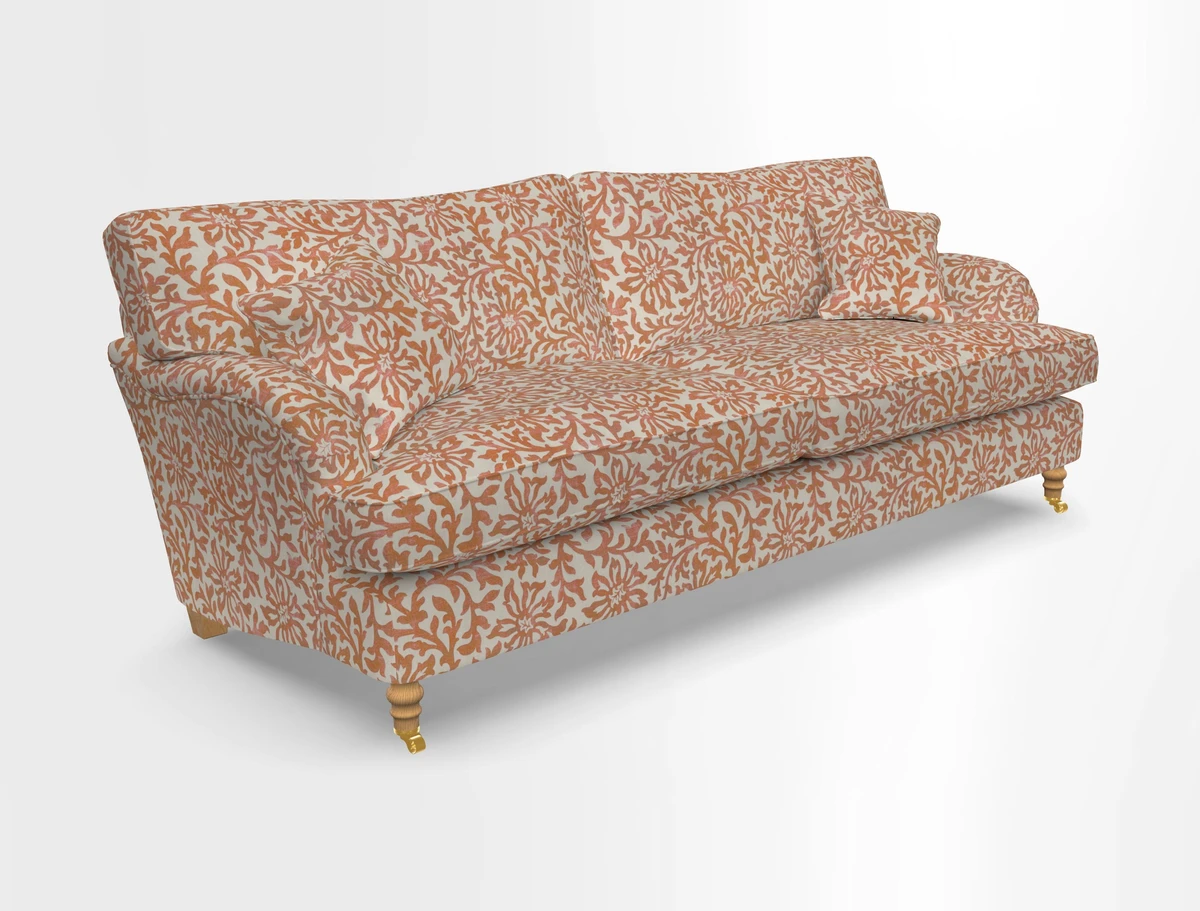Alwinton 3 seater sofa in Ettas Stripe Moss with bolster cushion in Almost Plain Velvet Harvest