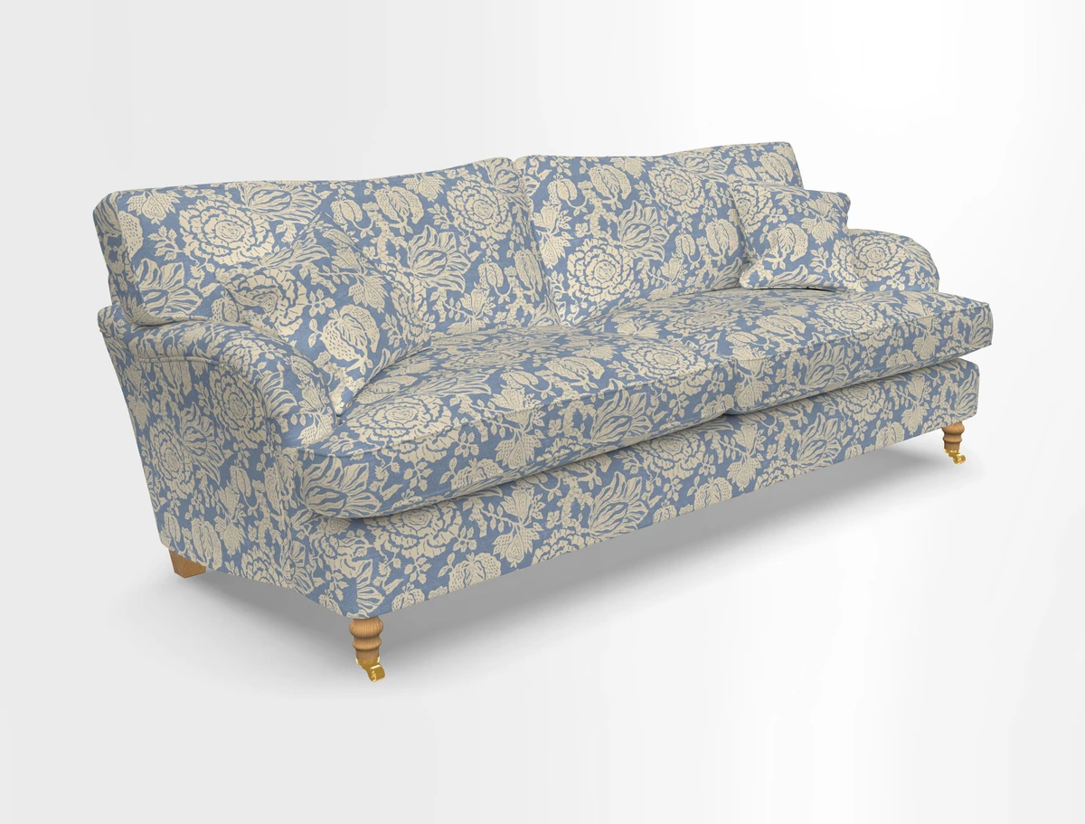 Alwinton 3 seater sofa in Ettas Stripe Moss with bolster cushion in Almost Plain Velvet Harvest
